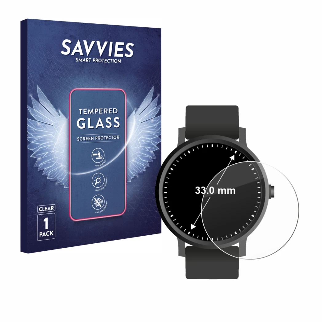 Parte frontal de un envase de producto con el logotipo de la marca Savvies. Al lado se muestra el dispositivo Circular Display