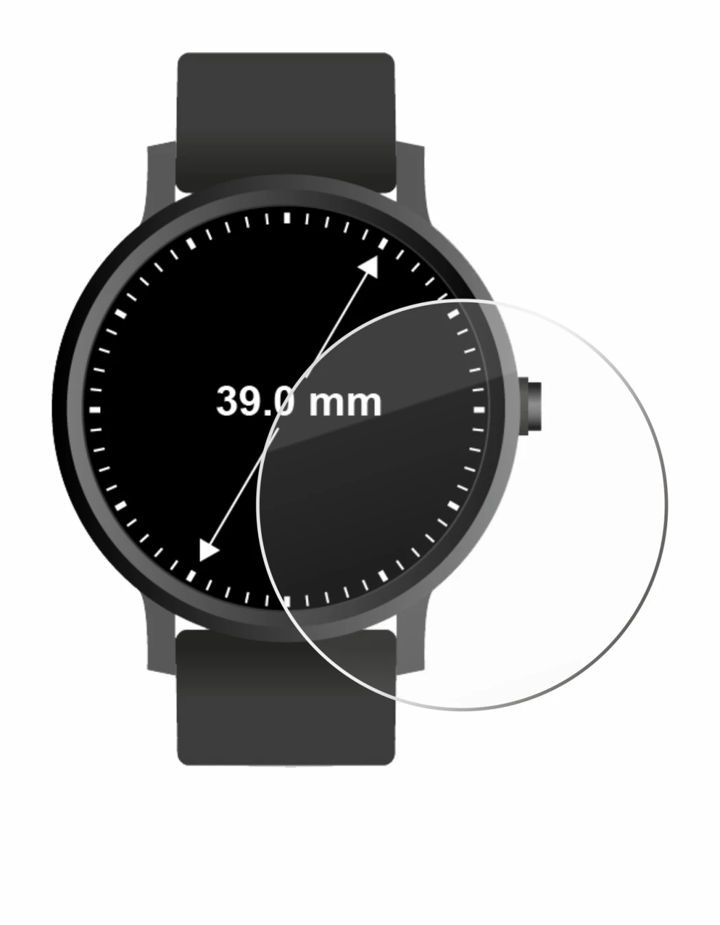 Imagen del dispositivo Circular Displays (ø: 39 mm) con una amplia variedad de protectores de pantalla.