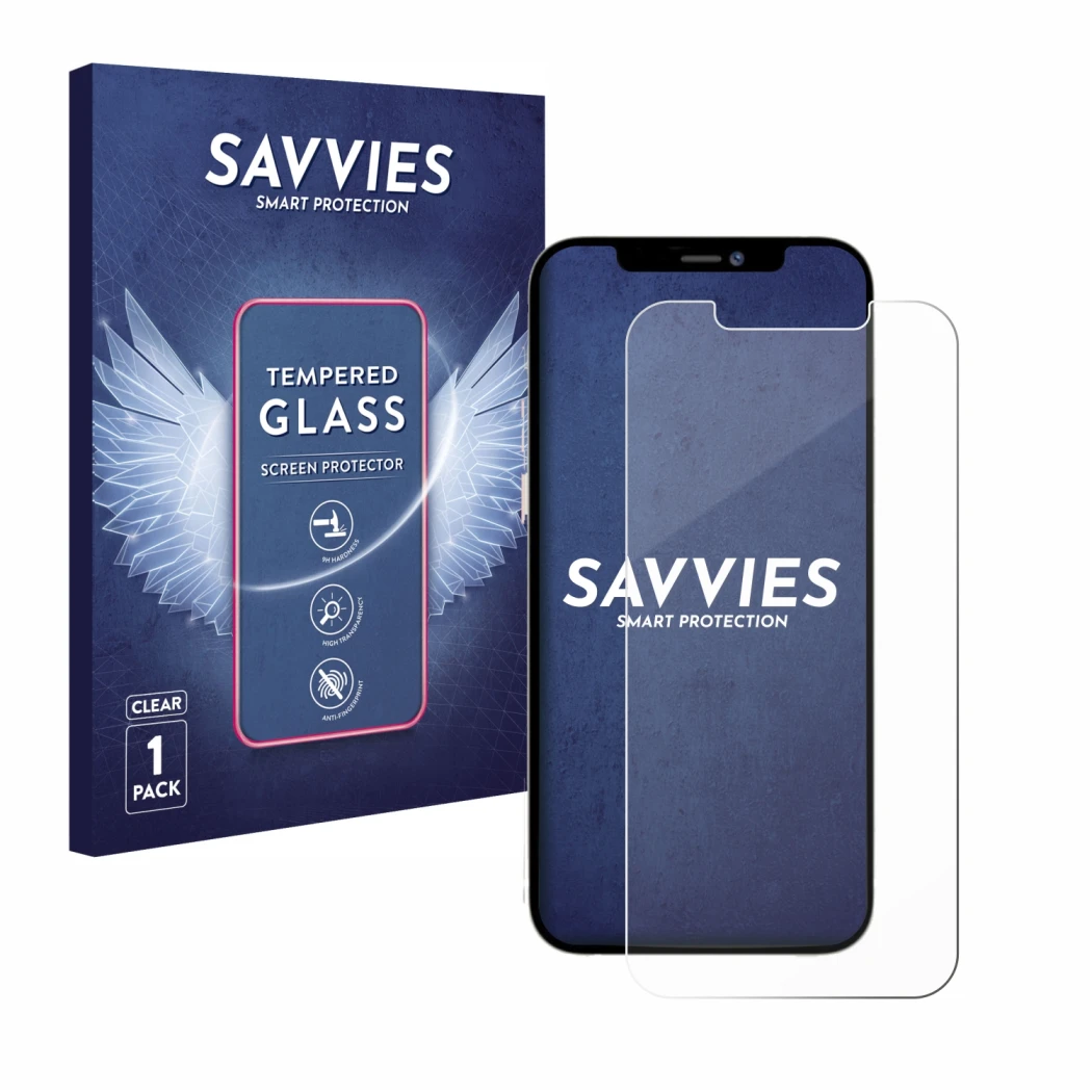 Parte frontal de un envase de producto con el logotipo de la marca Savvies. Al lado se muestra el dispositivo Apple iPhone 12 