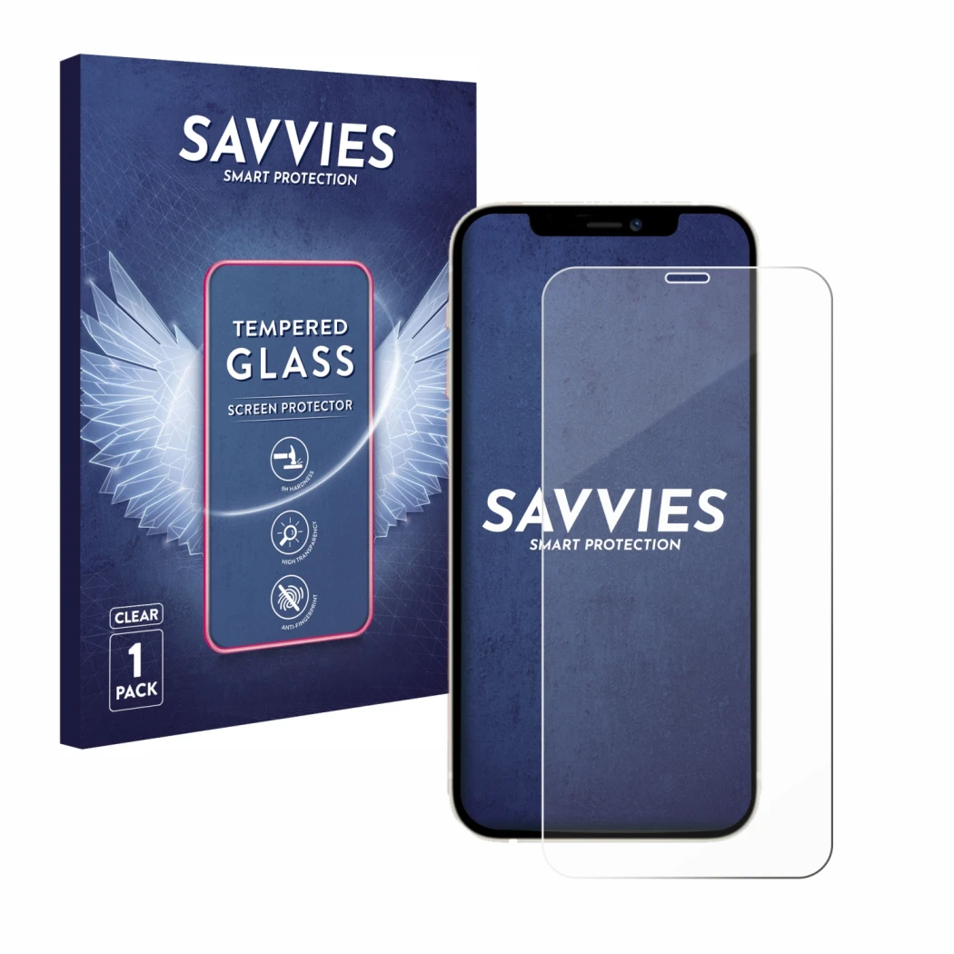 Parte frontal de un envase de producto con el logotipo de la marca Savvies. Al lado se muestra el dispositivo Apple iPhone 12 
