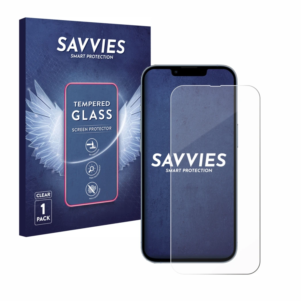 Parte frontal de un envase de producto con el logotipo de la marca Savvies. Al lado se muestra el dispositivo Apple iPhone 13 