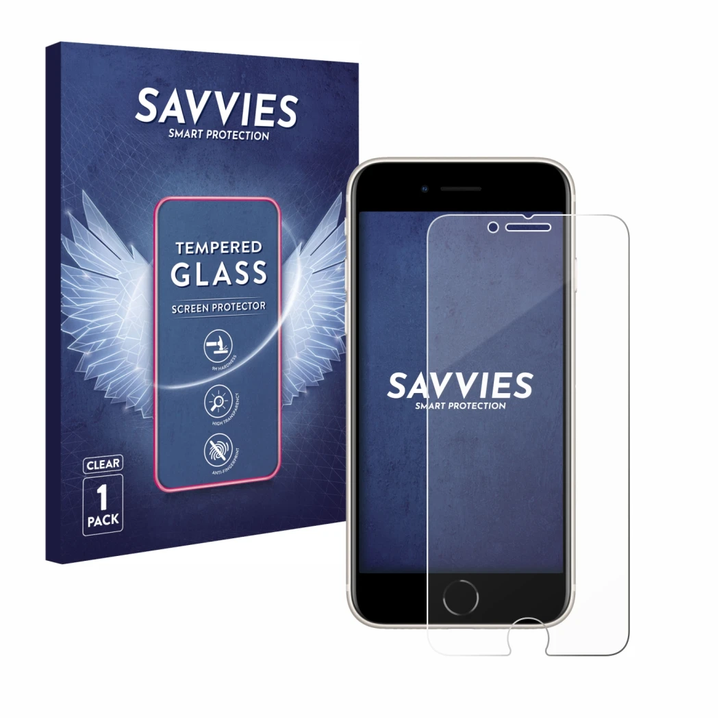 Parte frontal de un envase de producto con el logotipo de la marca Savvies. Al lado se muestra el dispositivo Apple iPhone SE 