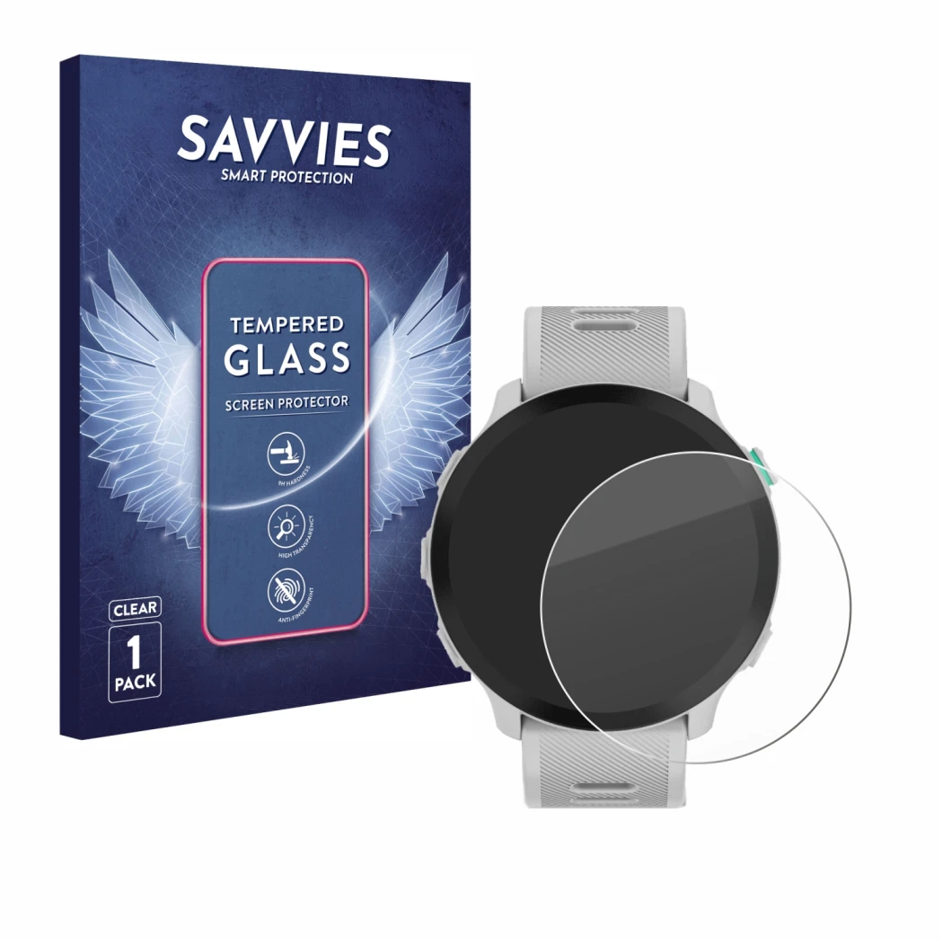 Parte frontal de un envase de producto con el logotipo de la marca Savvies. Al lado se muestra el dispositivo Garmin Forerunne
