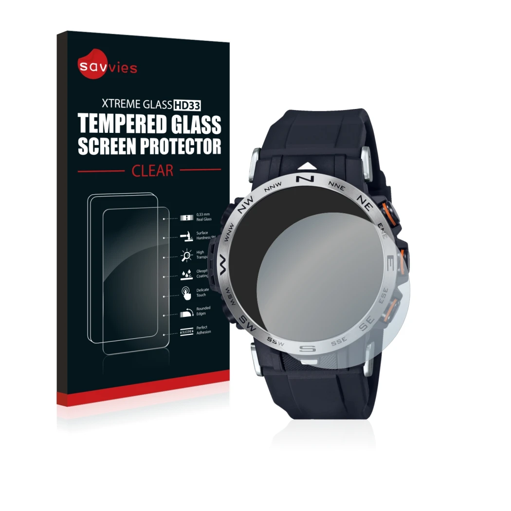 Parte frontal de un envase de producto con el logotipo de la marca Savvies. Al lado se muestra el dispositivo Casio Pro Trek P