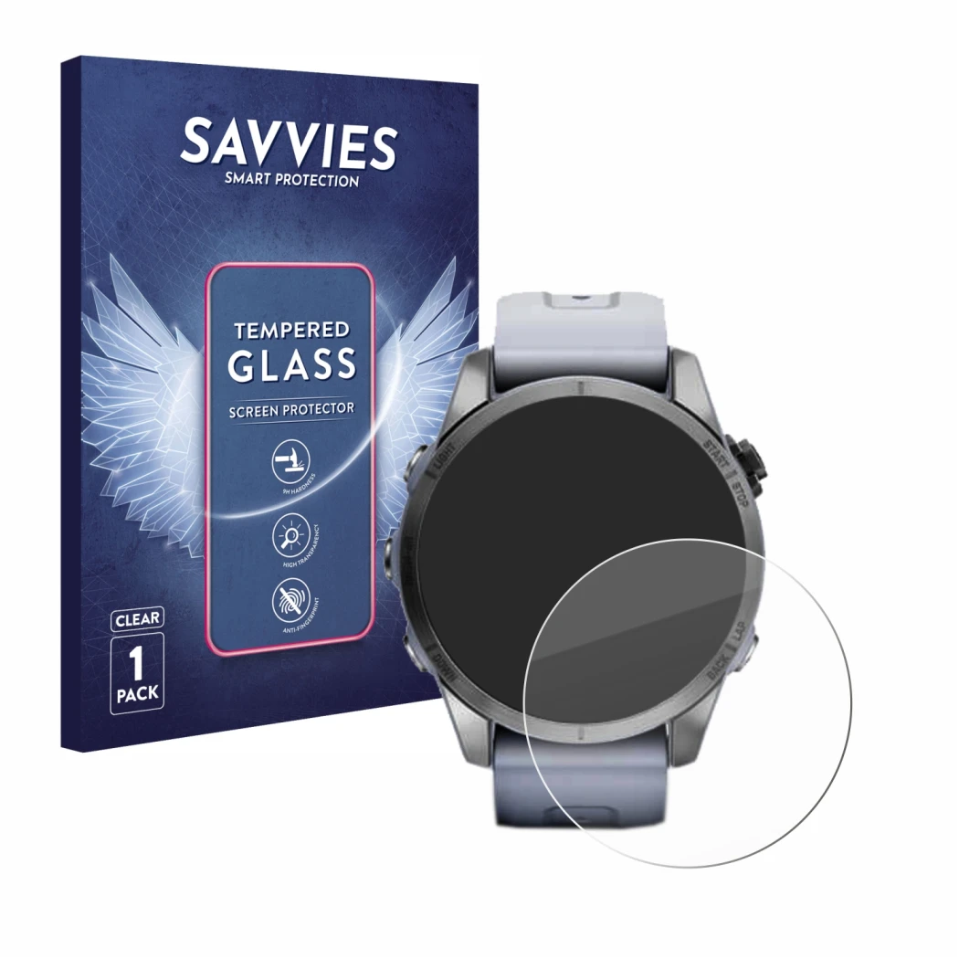 Parte frontal de un envase de producto con el logotipo de la marca Savvies. Al lado se muestra el dispositivo Garmin Fenix 7S 