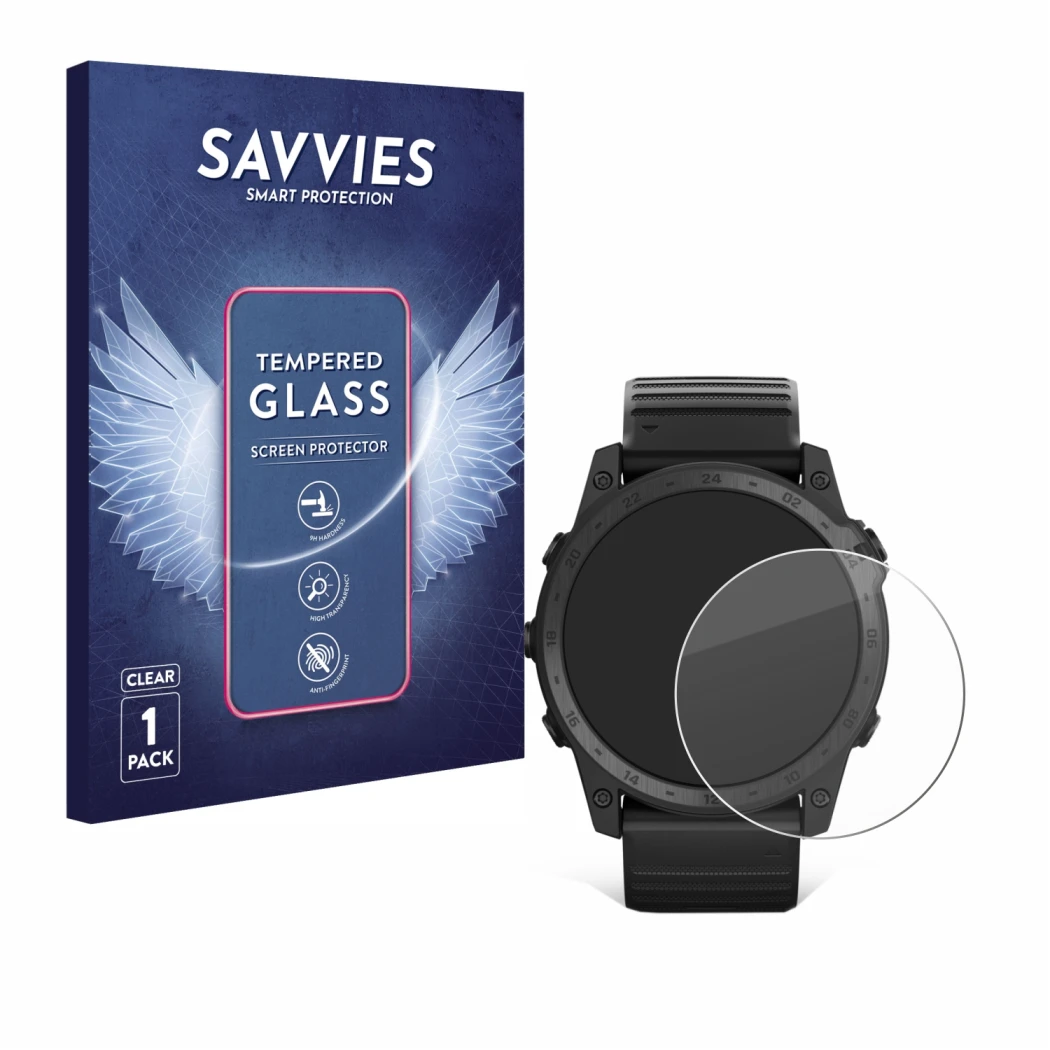 Parte frontal de un envase de producto con el logotipo de la marca Savvies. Al lado se muestra el dispositivo Garmin Tactix 7 