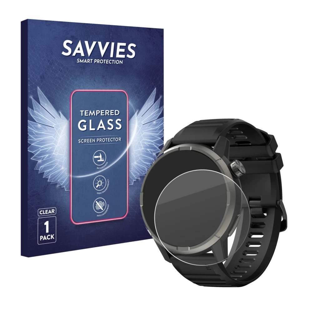 Parte frontal de un envase de producto con el logotipo de la marca Savvies. Al lado se muestra el dispositivo Kiprun GPS 900 b