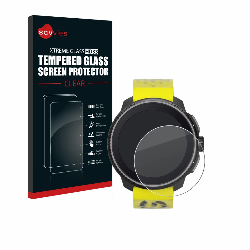 Parte frontal de un envase de producto con el logotipo de la marca Savvies. Al lado se muestra el dispositivo Suunto Race con 