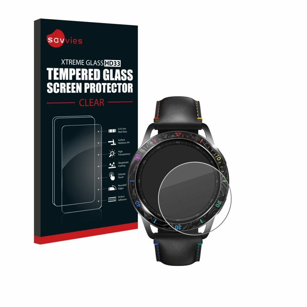 Parte frontal de un envase de producto con el logotipo de la marca Savvies. Al lado se muestra el dispositivo Xiaomi Watch S3 