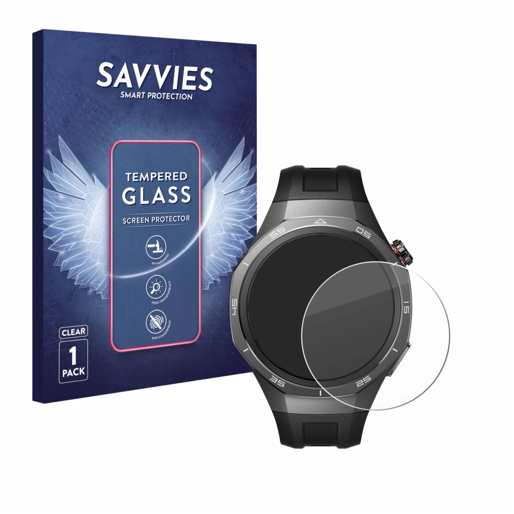 Parte frontal de un envase de producto con el logotipo de la marca Savvies. Al lado se muestra el dispositivo Huawei Watch GT 