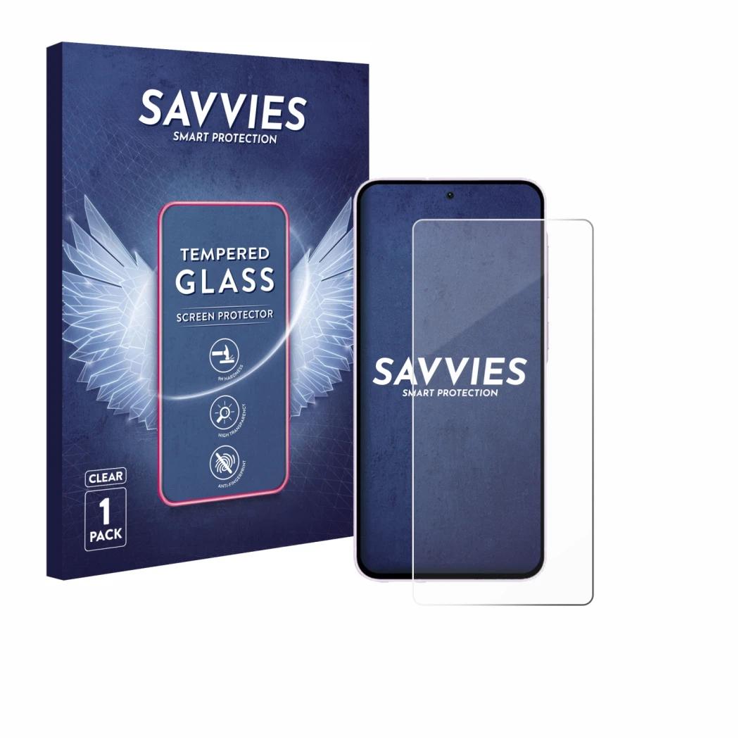Parte frontal de un envase de producto con el logotipo de la marca Savvies. Al lado se muestra el dispositivo Samsung Galaxy A