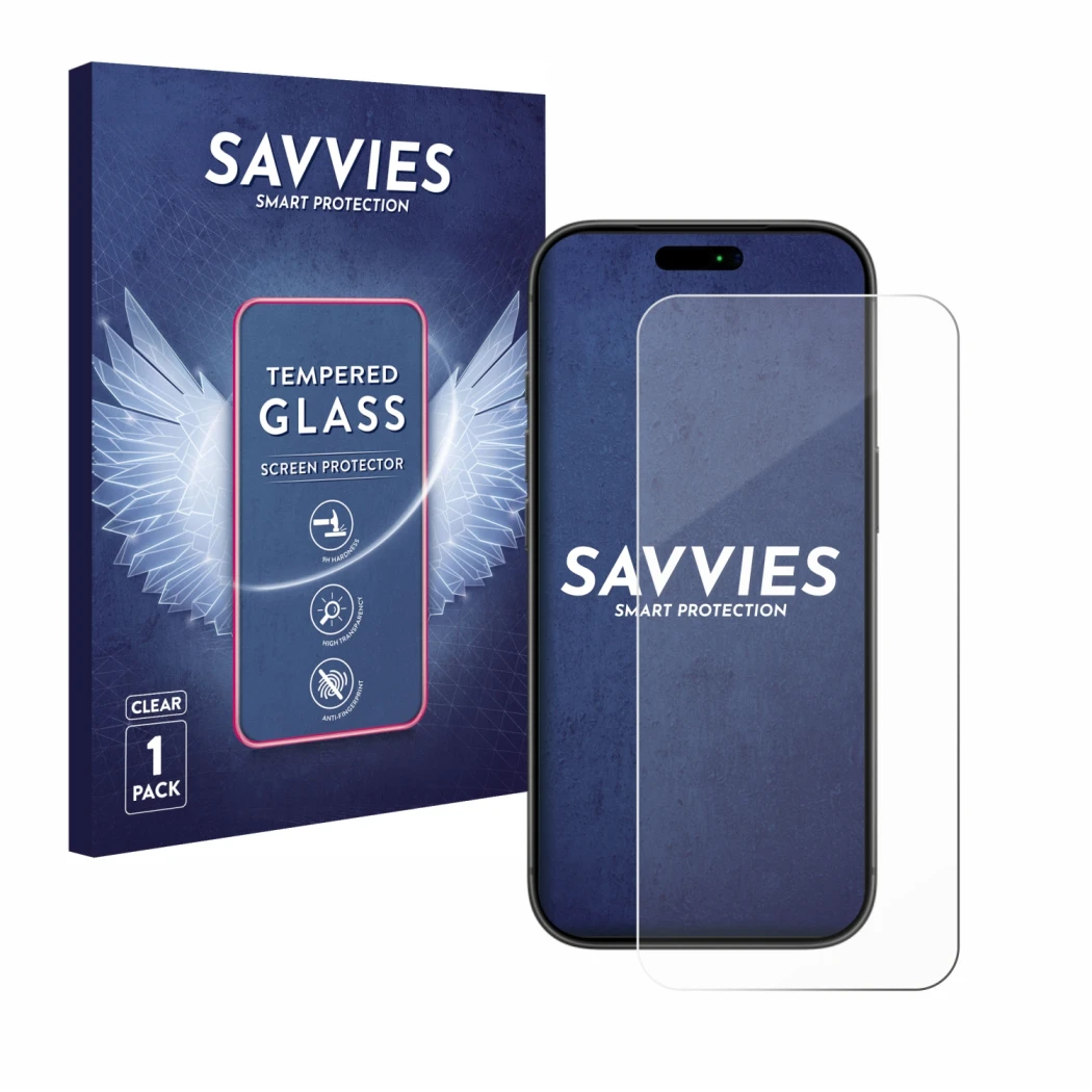 Parte frontal de un envase de producto con el logotipo de la marca Savvies. Al lado se muestra el dispositivo Apple iPhone 17 