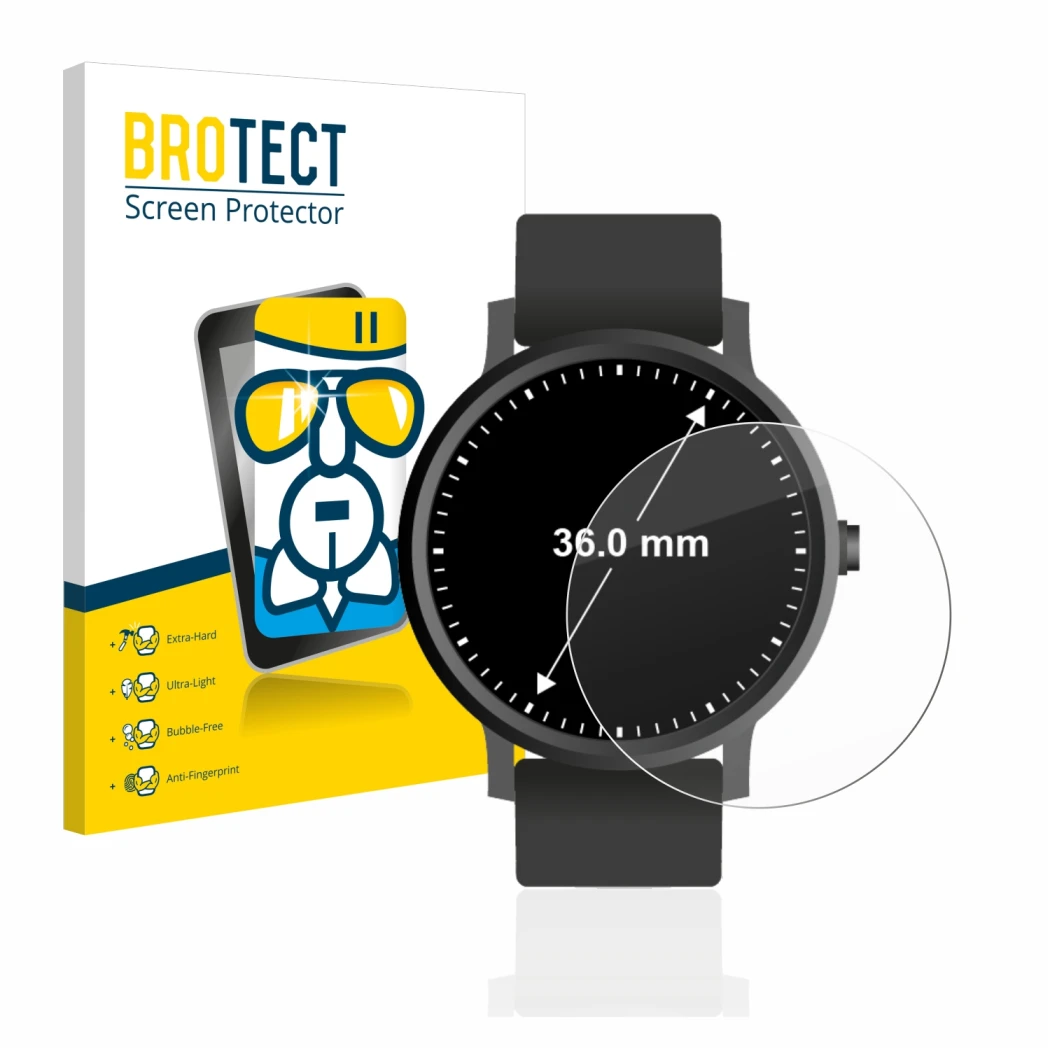 Parte frontal de un envase de producto con el logotipo de la marca BROTECT. Al lado se muestra el dispositivo Relojes (Circula