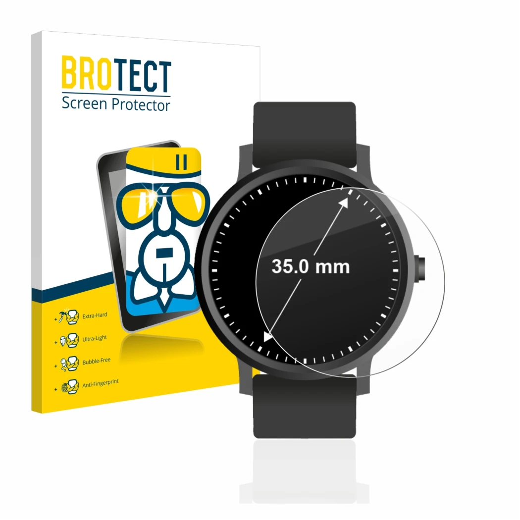 Parte frontal de un envase de producto con el logotipo de la marca BROTECT. Al lado se muestra el dispositivo Relojes (Circula