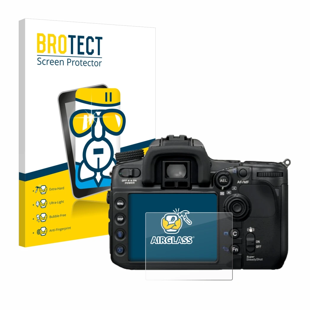 Parte frontal de un envase de producto con el logotipo de la marca BROTECT. Al lado se muestra el dispositivo Sony Alpha 700 (