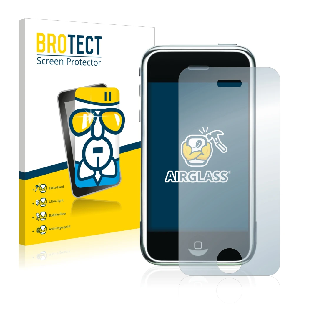 Parte frontal de un envase de producto con el logotipo de la marca BROTECT. Al lado se muestra el dispositivo Apple iPhone 2G 