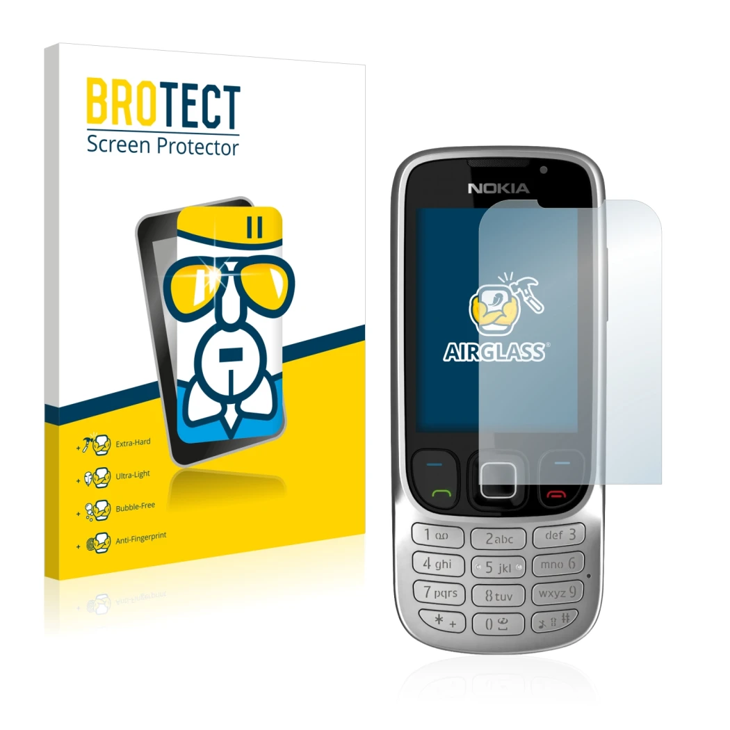 Parte frontal de un envase de producto con el logotipo de la marca BROTECT. Al lado se muestra el dispositivo Nokia 6303i clas