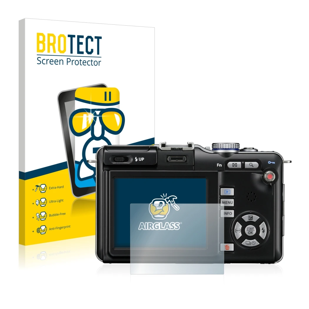 Parte frontal de un envase de producto con el logotipo de la marca BROTECT. Al lado se muestra el dispositivo Olympus PEN E-PL