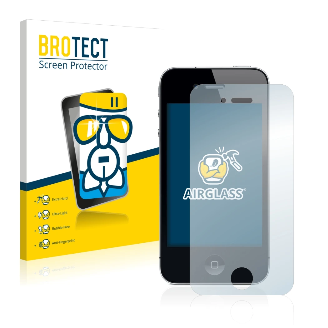 Parte frontal de un envase de producto con el logotipo de la marca BROTECT. Al lado se muestra el dispositivo Apple iPhone 4 c