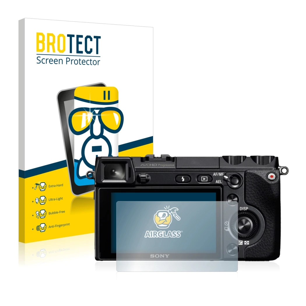 Parte frontal de un envase de producto con el logotipo de la marca BROTECT. Al lado se muestra el dispositivo Sony Alpha NEX-7