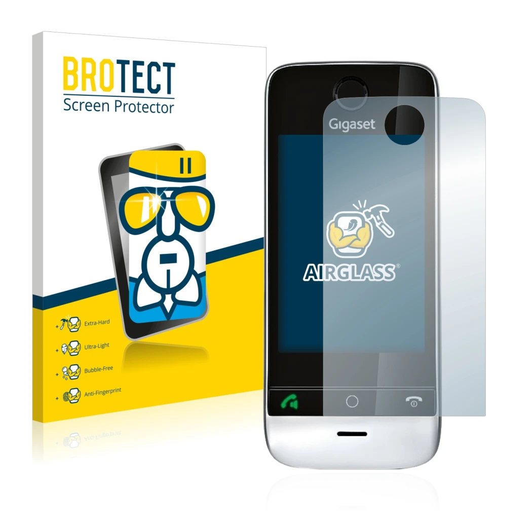 Parte frontal de un envase de producto con el logotipo de la marca BROTECT. Al lado se muestra el dispositivo Gigaset SL910 (r