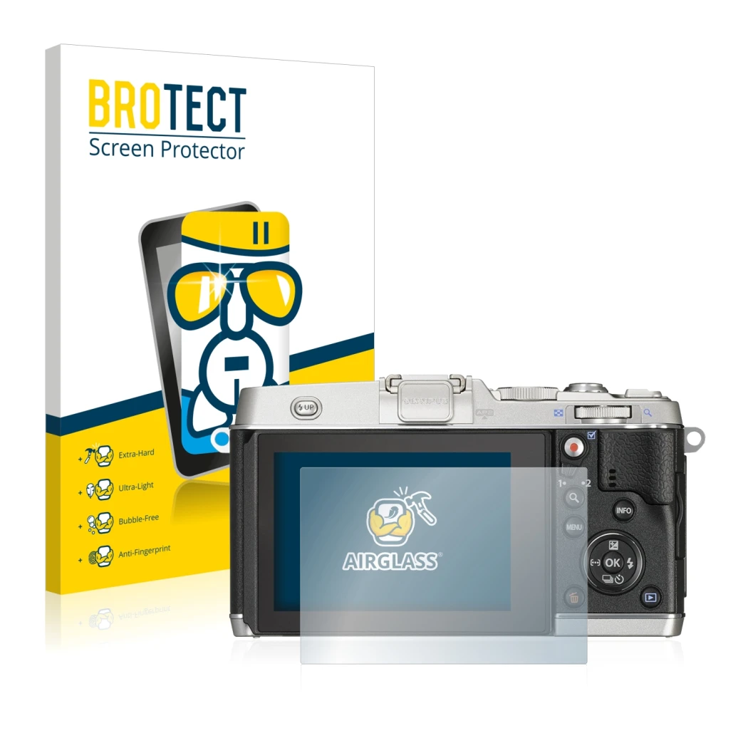 Parte frontal de un envase de producto con el logotipo de la marca BROTECT. Al lado se muestra el dispositivo Olympus PEN E-P5