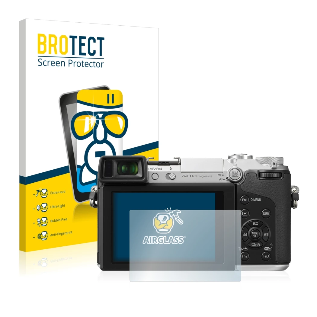 Parte frontal de un envase de producto con el logotipo de la marca BROTECT. Al lado se muestra el dispositivo Panasonic Lumix 