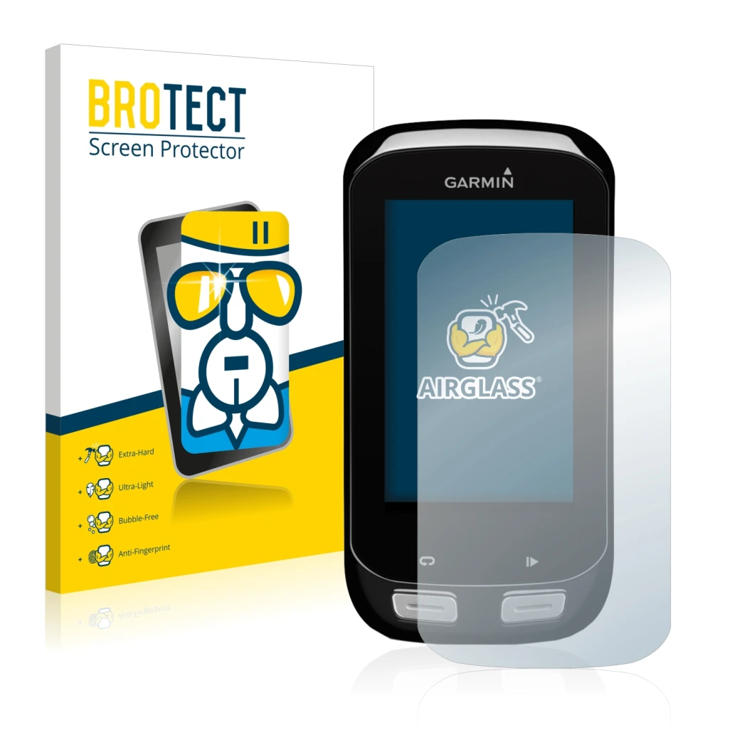 Parte frontal de un envase de producto con el logotipo de la marca BROTECT. Al lado se muestra el dispositivo Garmin Edge 1000