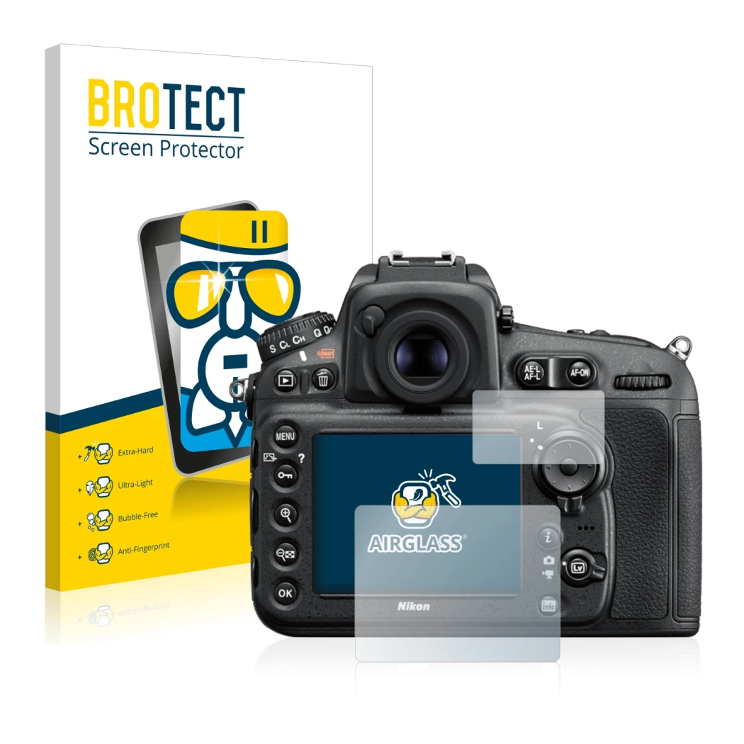 Parte frontal de un envase de producto con el logotipo de la marca BROTECT. Al lado se muestra el dispositivo Nikon D810 con s