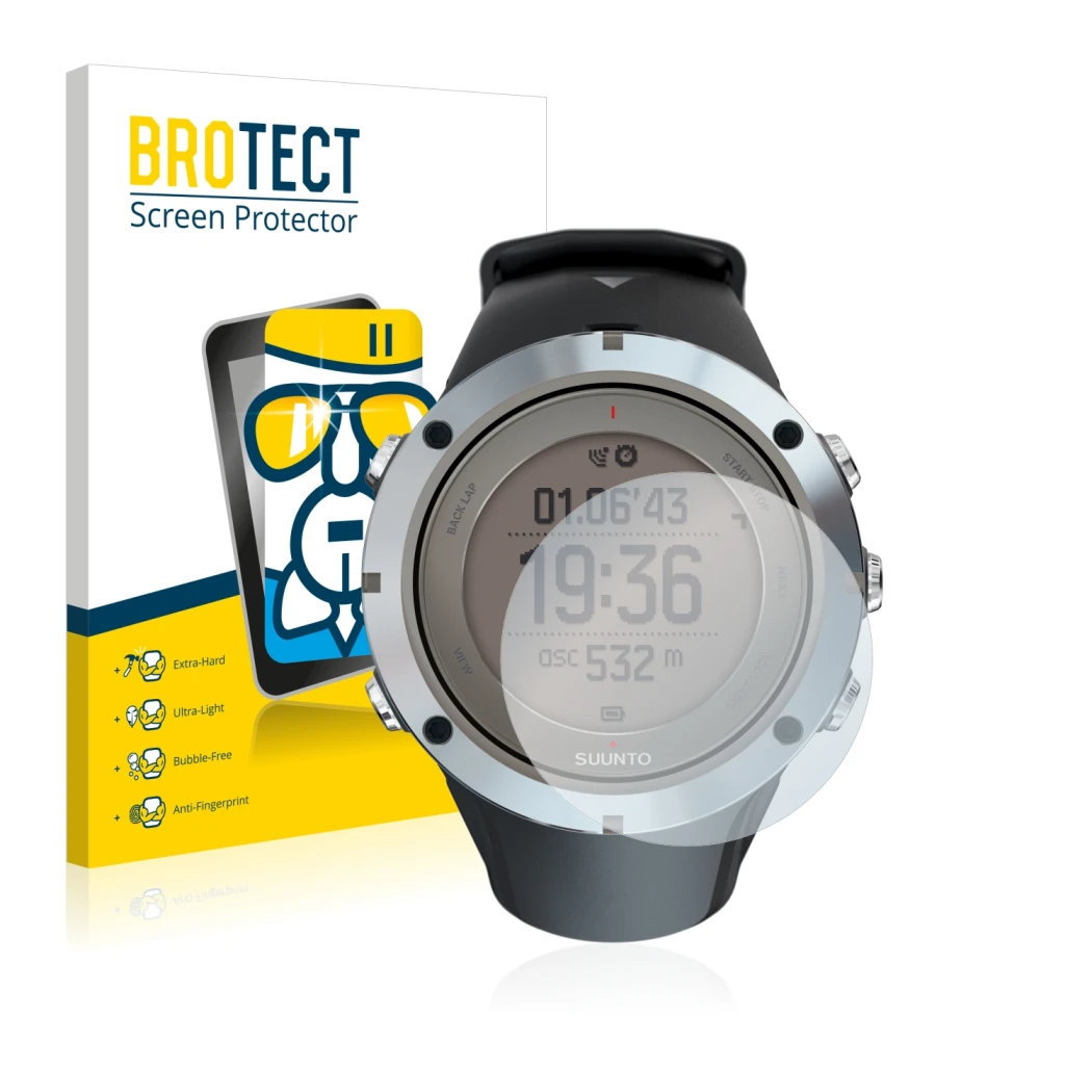 Parte frontal de un envase de producto con el logotipo de la marca BROTECT. Al lado se muestra el dispositivo Suunto Ambit3 Pe