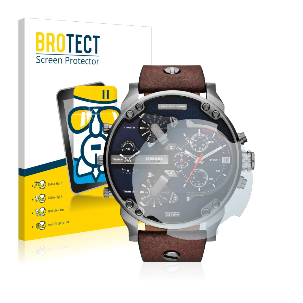 Parte frontal de un envase de producto con el logotipo de la marca BROTECT. Al lado se muestra el dispositivo Diesel DZ7314 Mr