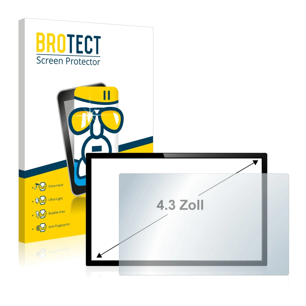 Parte frontal de un envase de producto con el logotipo de la marca BROTECT. Al lado se muestra el dispositivo con su protector