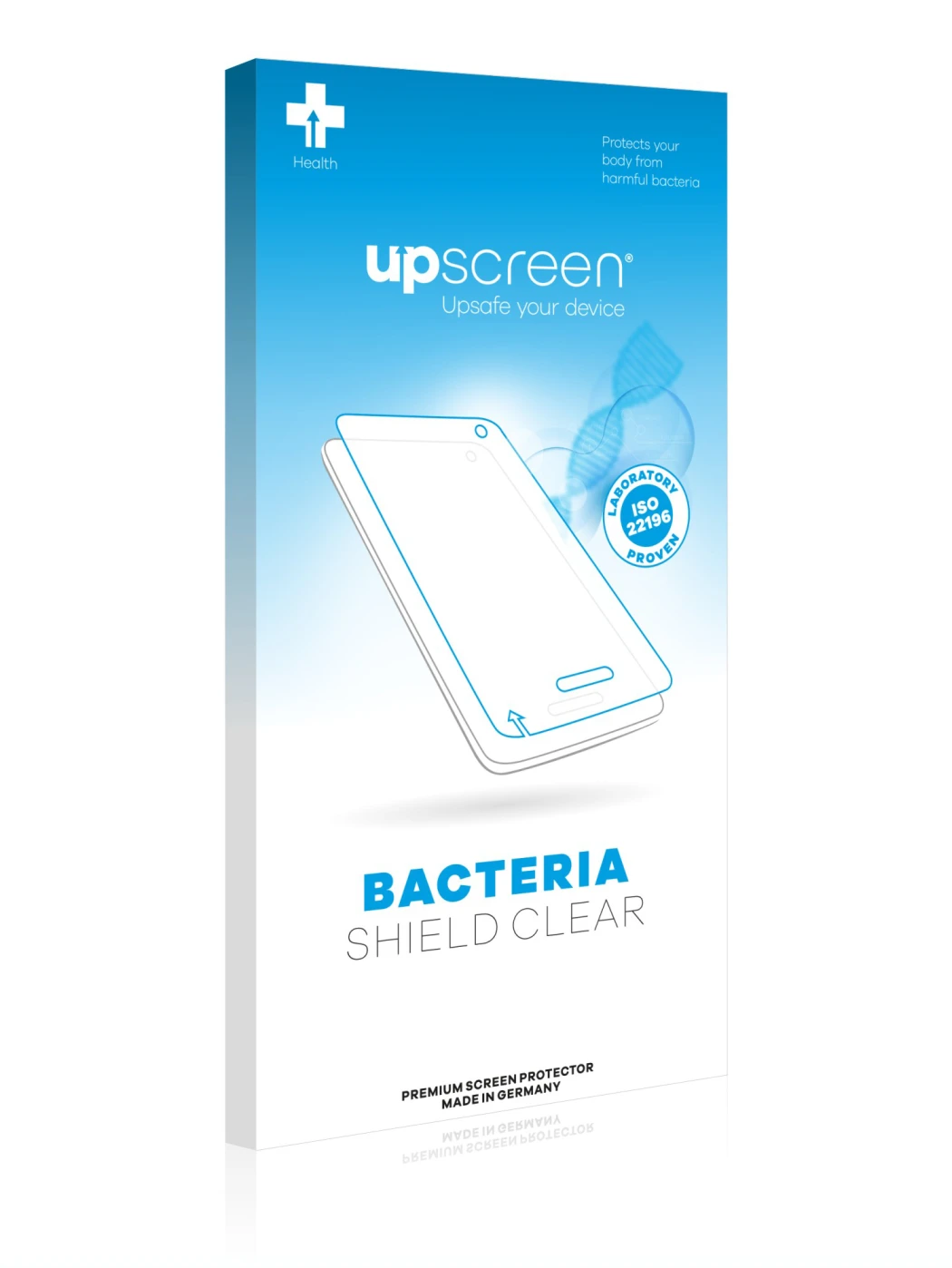 Parte frontal de un envase de producto con el logotipo de la marca upscreen