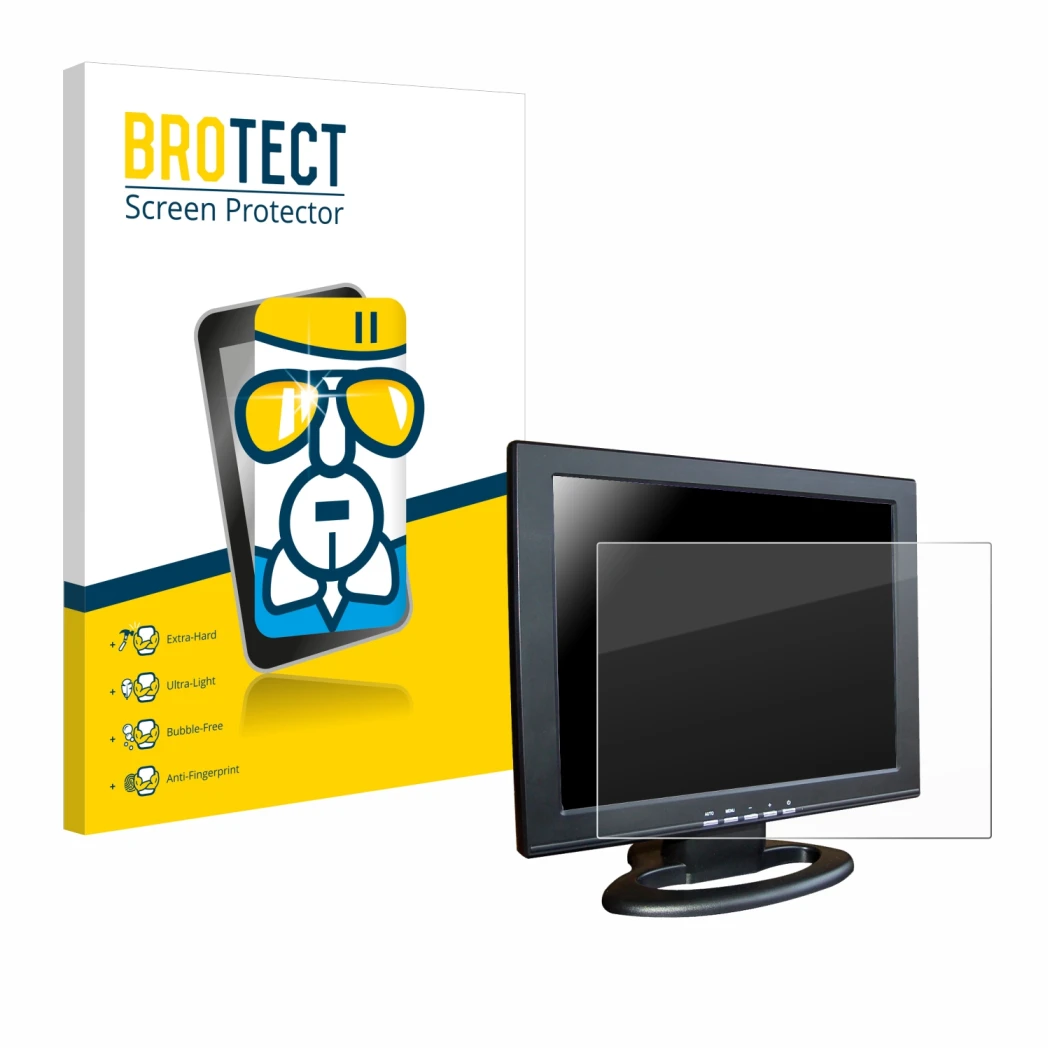 Parte frontal de un envase de producto con el logotipo de la marca BROTECT. Al lado se muestra el dispositivo SDC Touchscreen 