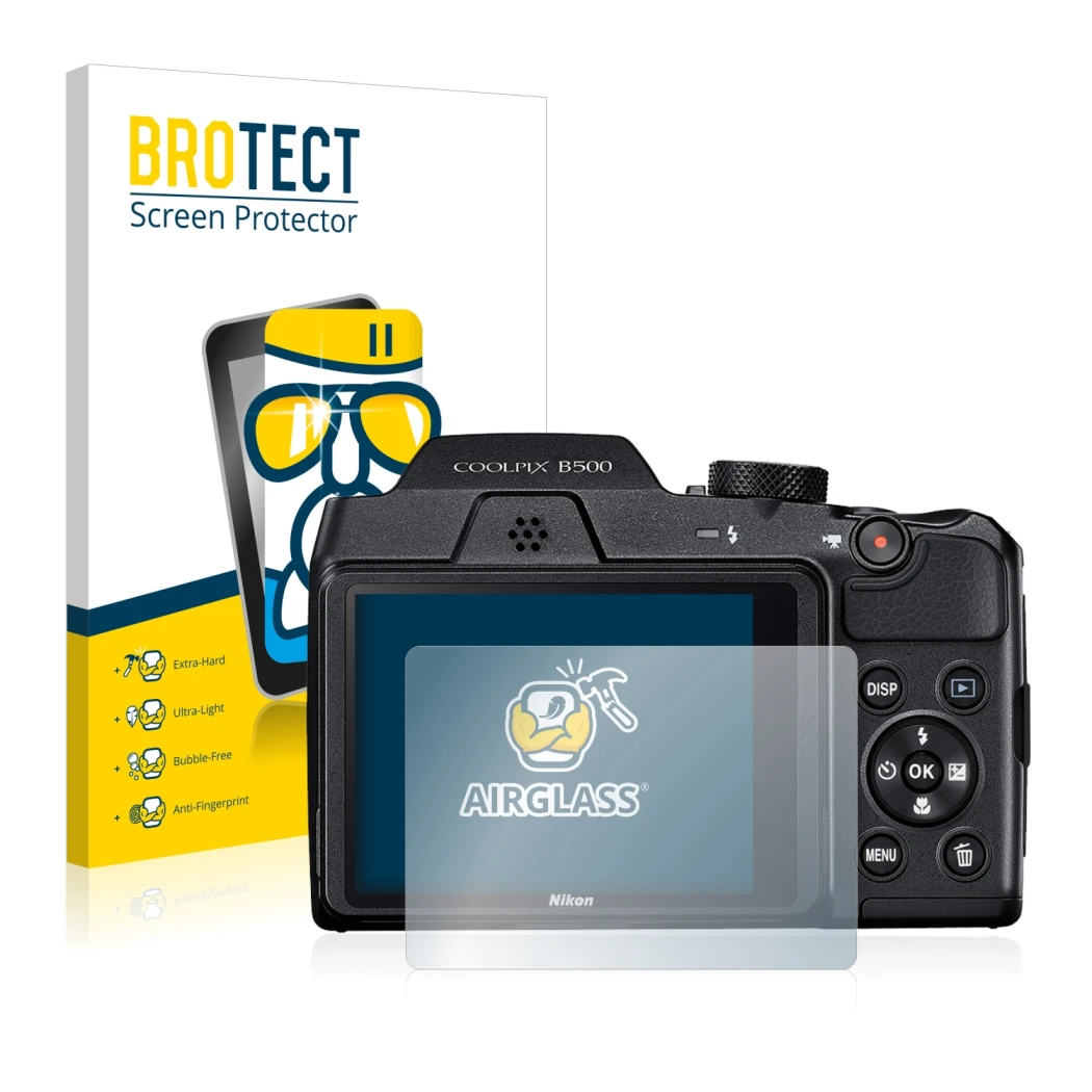 Parte frontal de un envase de producto con el logotipo de la marca BROTECT. Al lado se muestra el dispositivo Nikon Coolpix B5