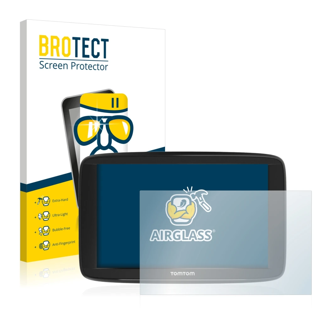 Parte frontal de un envase de producto con el logotipo de la marca BROTECT. Al lado se muestra el dispositivo TomTom Start 62