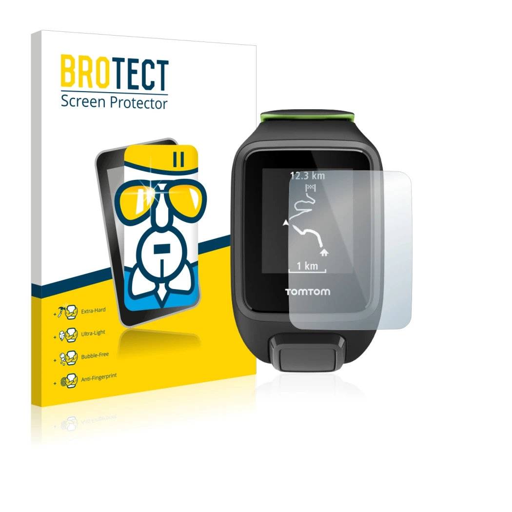 Parte frontal de un envase de producto con el logotipo de la marca BROTECT. Al lado se muestra el dispositivo TomTom Runner 3 