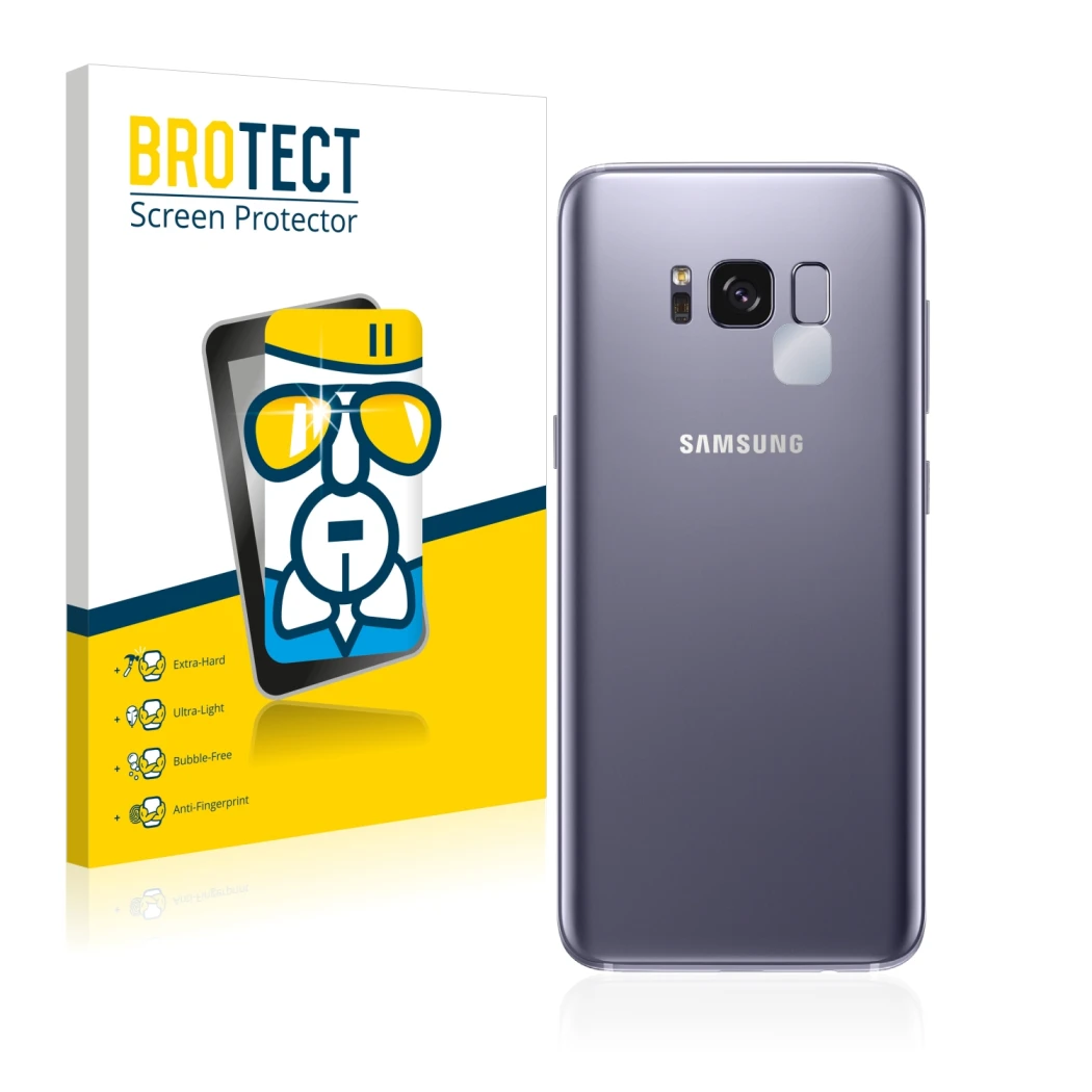 Parte frontal de un envase de producto con el logotipo de la marca BROTECT. Al lado se muestra el dispositivo Samsung Galaxy S