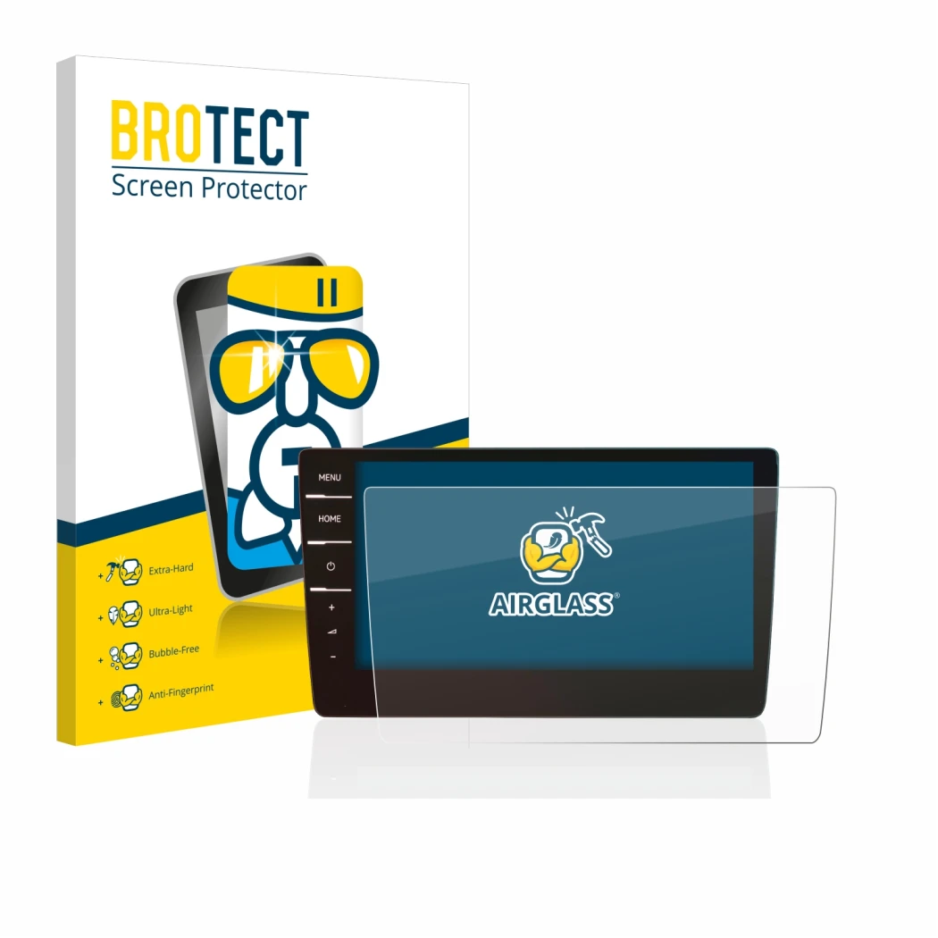 Parte frontal de un envase de producto con el logotipo de la marca BROTECT. Al lado se muestra el dispositivo Volkswagen Golf 