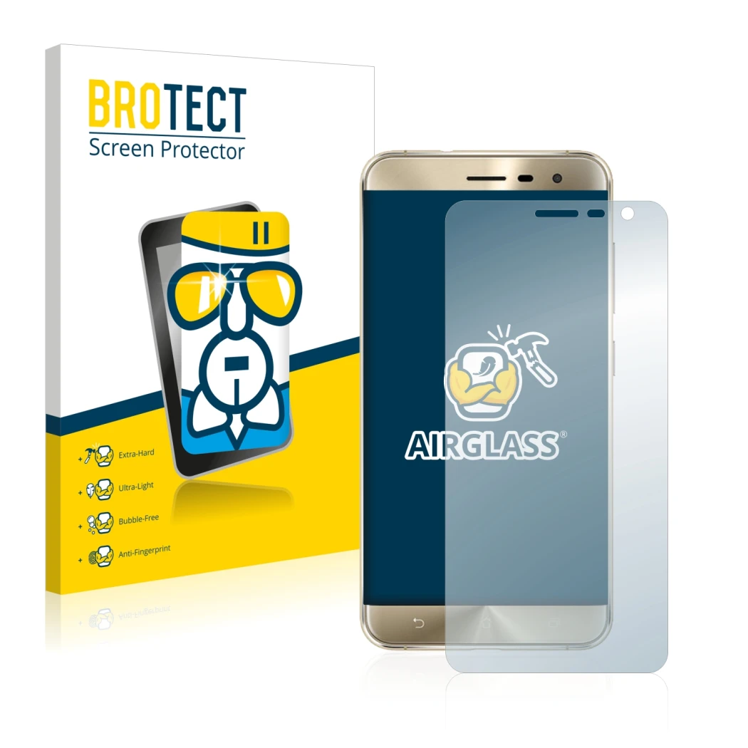 Parte frontal de un envase de producto con el logotipo de la marca BROTECT. Al lado se muestra el dispositivo ASUS ZenFone 3 Z