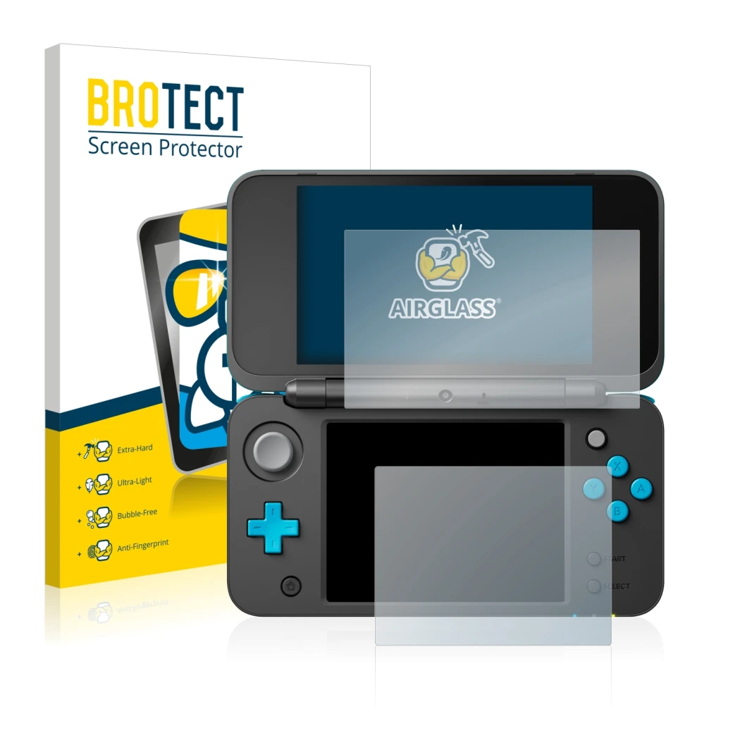 Parte frontal de un envase de producto con el logotipo de la marca BROTECT. Al lado se muestra el dispositivo Nintendo 2DS XL 
