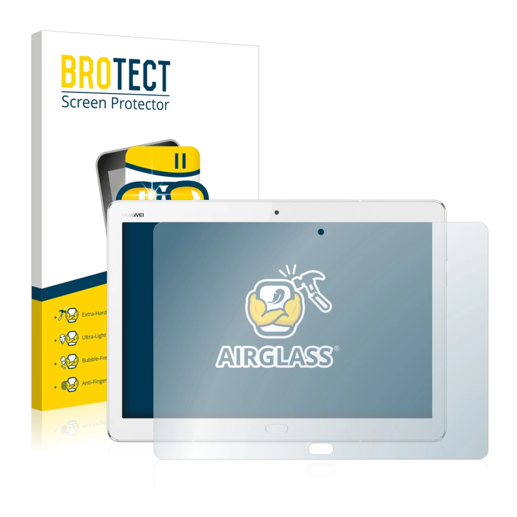 Parte frontal de un envase de producto con el logotipo de la marca BROTECT. Al lado se muestra el dispositivo Huawei MediaPad 