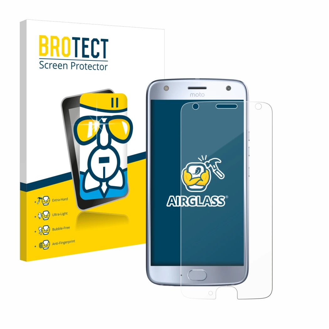 Parte frontal de un envase de producto con el logotipo de la marca BROTECT. Al lado se muestra el dispositivo Motorola Moto X4