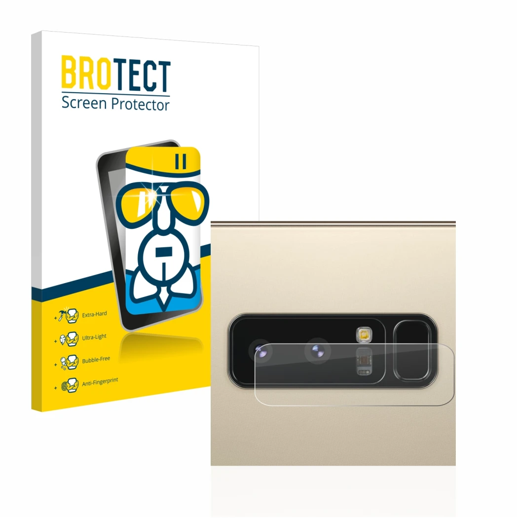 Parte frontal de un envase de producto con el logotipo de la marca BROTECT. Al lado se muestra el dispositivo Samsung Galaxy N