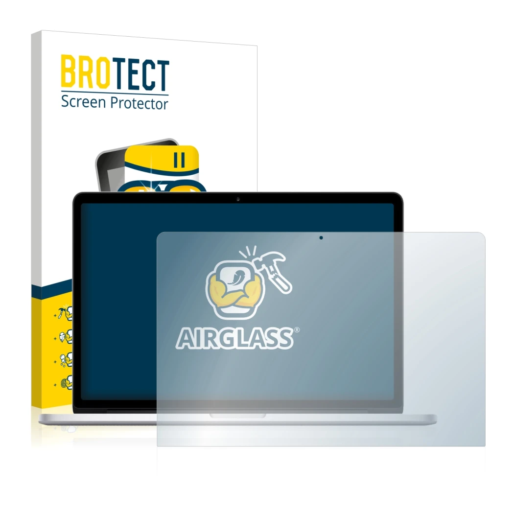 Parte frontal de un envase de producto con el logotipo de la marca BROTECT. Al lado se muestra el dispositivo Apple MacBook Pr