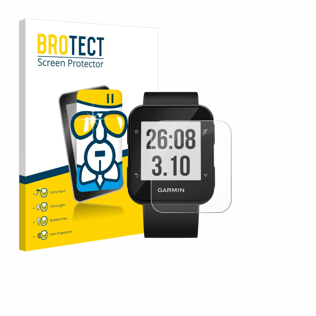 Parte frontal de un envase de producto con el logotipo de la marca BROTECT. Al lado se muestra el dispositivo Garmin Forerunne