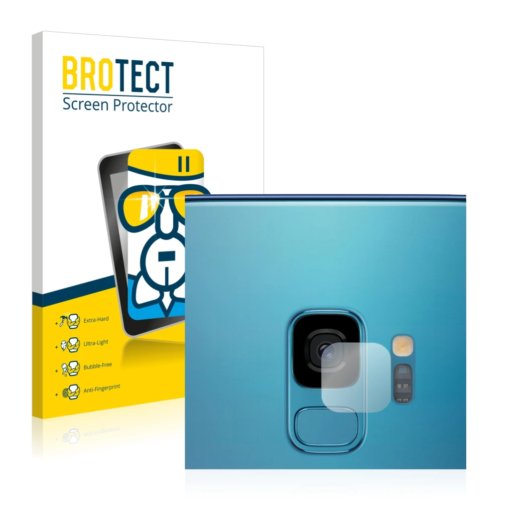 Parte frontal de un envase de producto con el logotipo de la marca BROTECT. Al lado se muestra el dispositivo Samsung Galaxy S