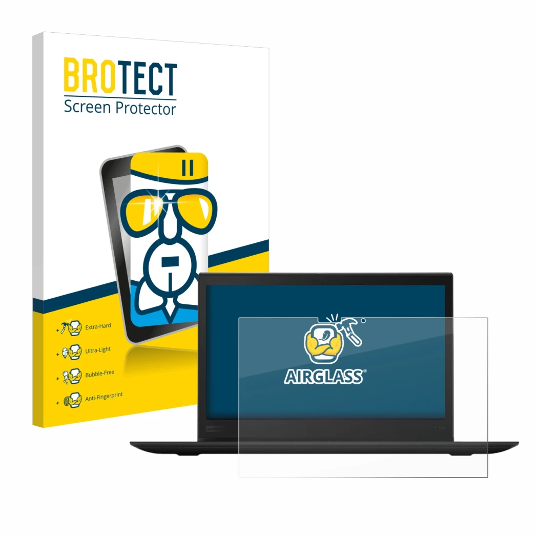 Parte frontal de un envase de producto con el logotipo de la marca BROTECT. Al lado se muestra el dispositivo Lenovo ThinkPad 