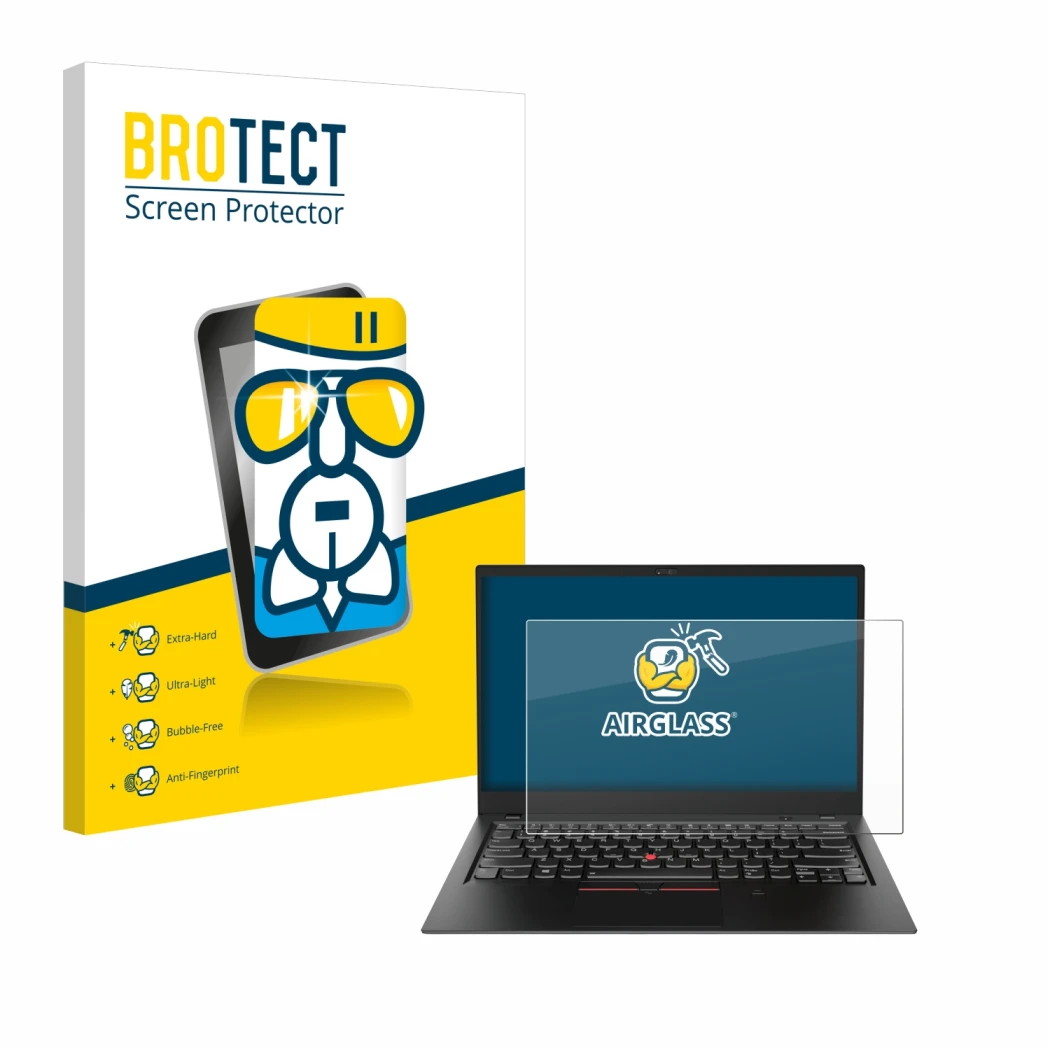 Parte frontal de un envase de producto con el logotipo de la marca BROTECT. Al lado se muestra el dispositivo Lenovo ThinkPad