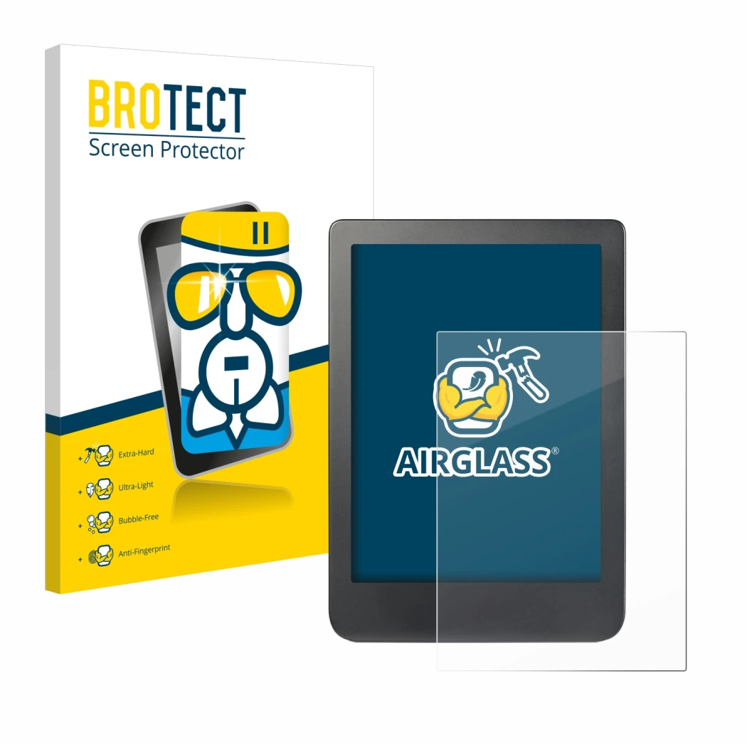 Parte frontal de un envase de producto con el logotipo de la marca BROTECT. Al lado se muestra el dispositivo Kobo Clara HD (6